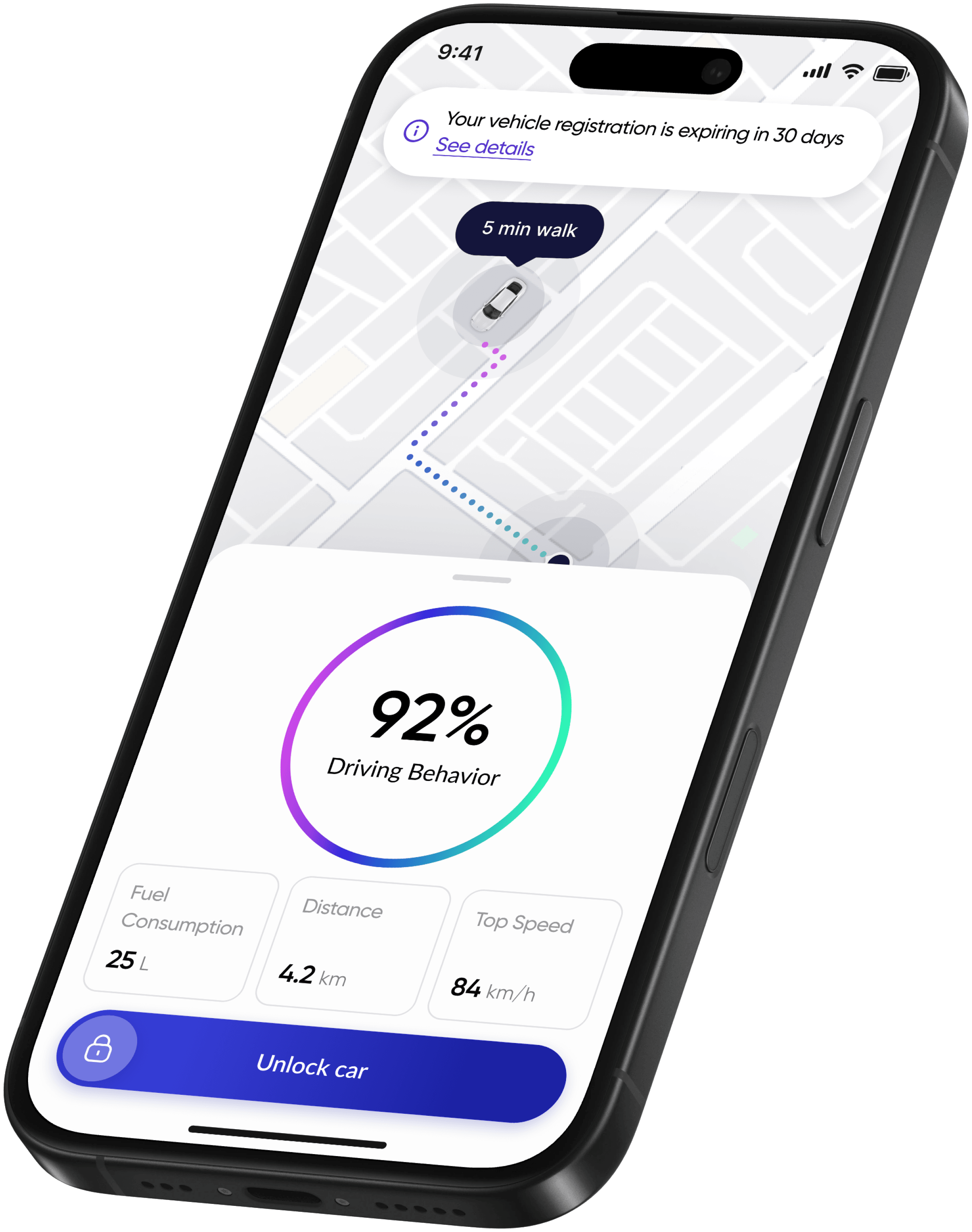 The Fleeton app on a phone: the vehicle's live position on a map, a 92% driving behaviour score, and fuel, distance and top-speed readings from the trip.